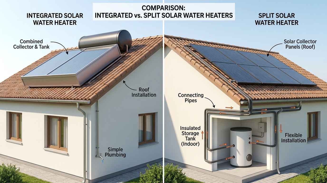 Comparison of integrated solar water heater and split solar water heater showing rooftop tank system and separate indoor storage tank design